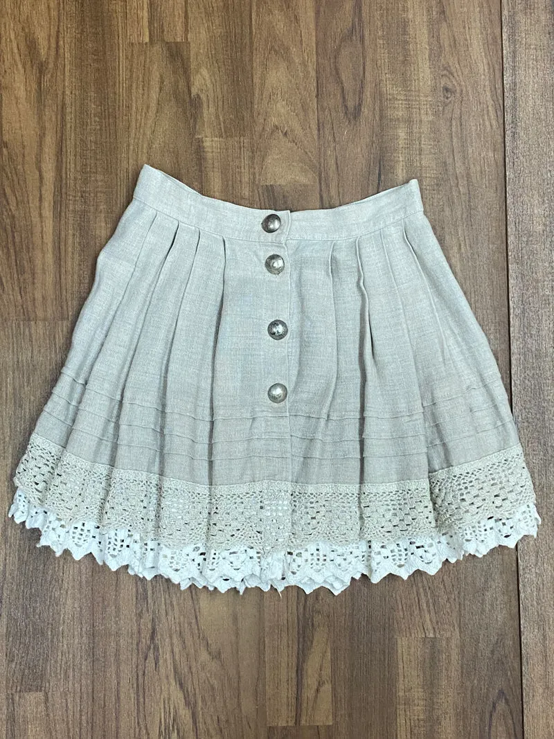 Vintage Trachtenrock Damen Leinen Beige mit Klöppelspitze Gr. 36