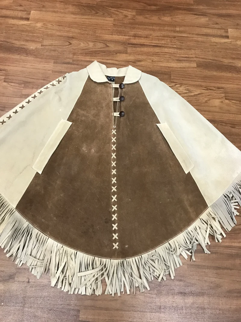 Vintage Cape Poncho Leder Wildleder Braun Beige Fransen 70er Jahre Western