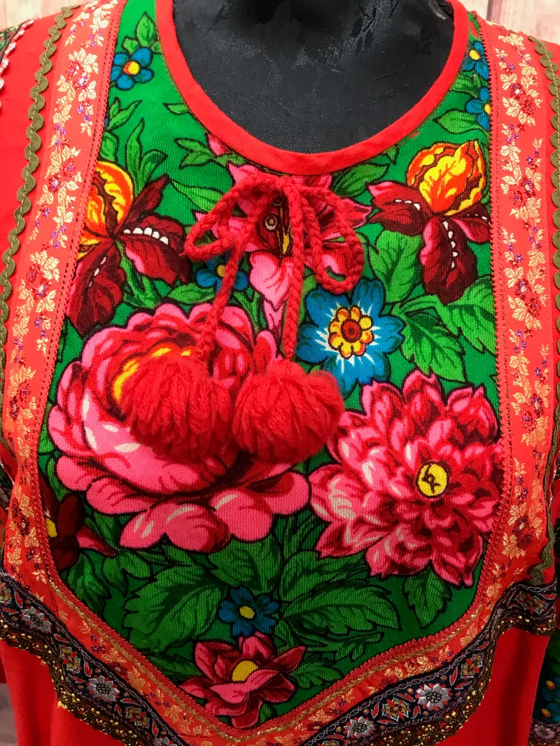 Vintage Tunika Ethno Blumenmuster Rot 70er Jahre Stil Gr. 42
