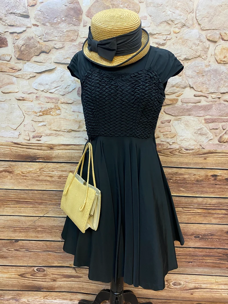 Schwarzes Vintage Cocktailkleid 3teilig, orginal 1950er Gr.38