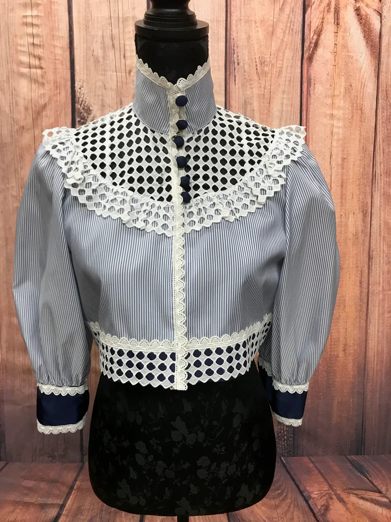 Vintage Jacke Damen Gr. 36 Blau Weiß Handmade Spitzenjacke