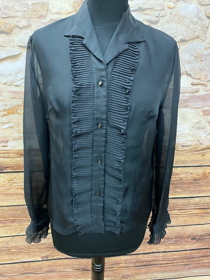 Vintage 1970er Rüschenbluse Schwarz Transparent Gr. 38 Plissee