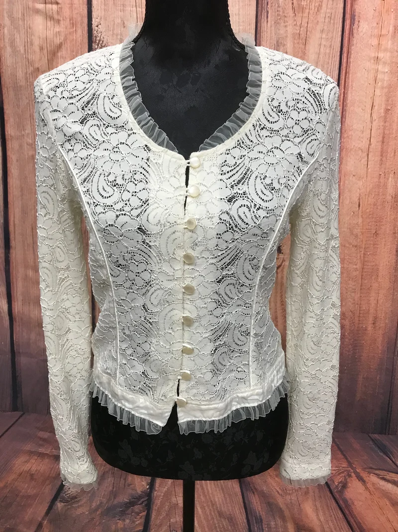 Vintage Spitzen-Jacke Creme Gr. 38 – 80er Jahre Rüschen Dirndl Boho