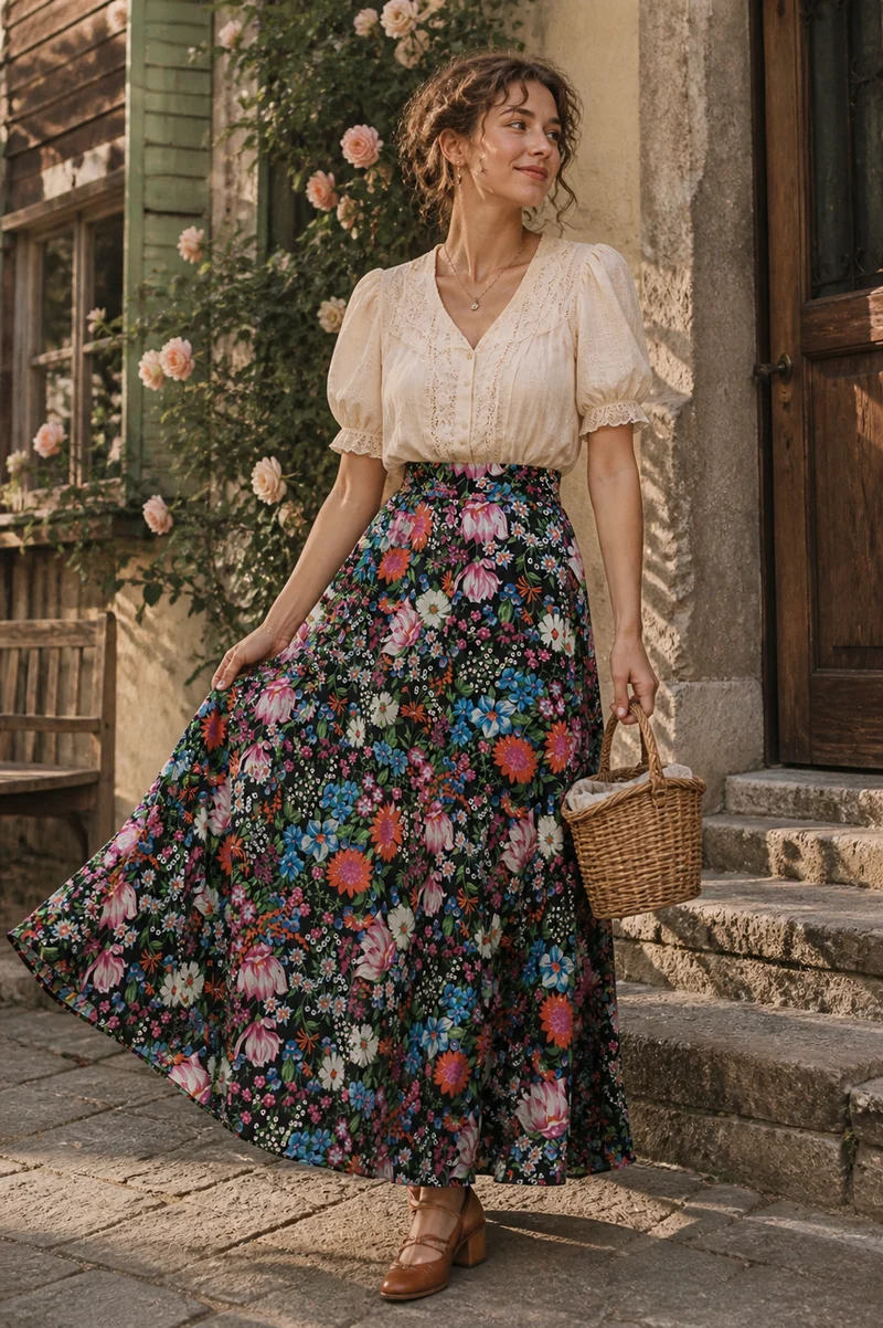 Vintage Maxirock mit Blumenprint – schwarz bunt, Größe ca. 40 (Boho Stil)
