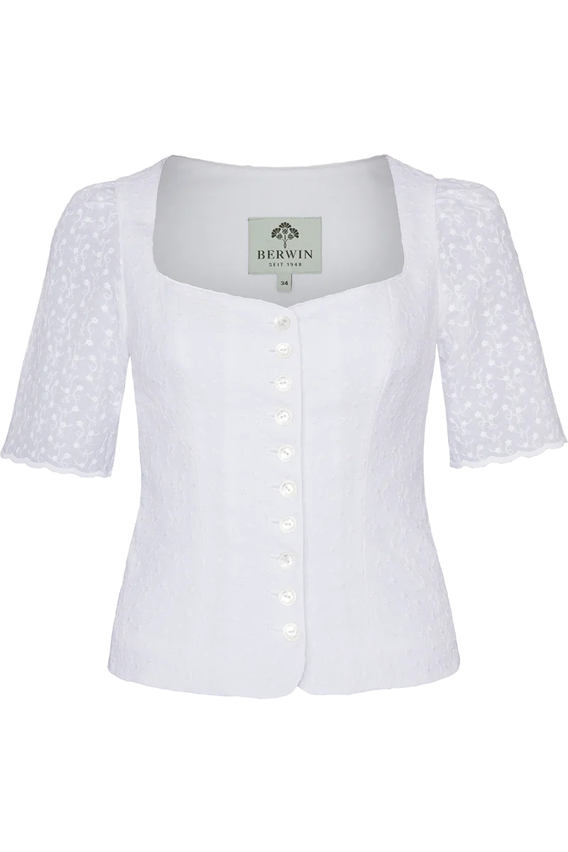 Damen Miederbluse mit Arm und Blütenstickerei - weiß