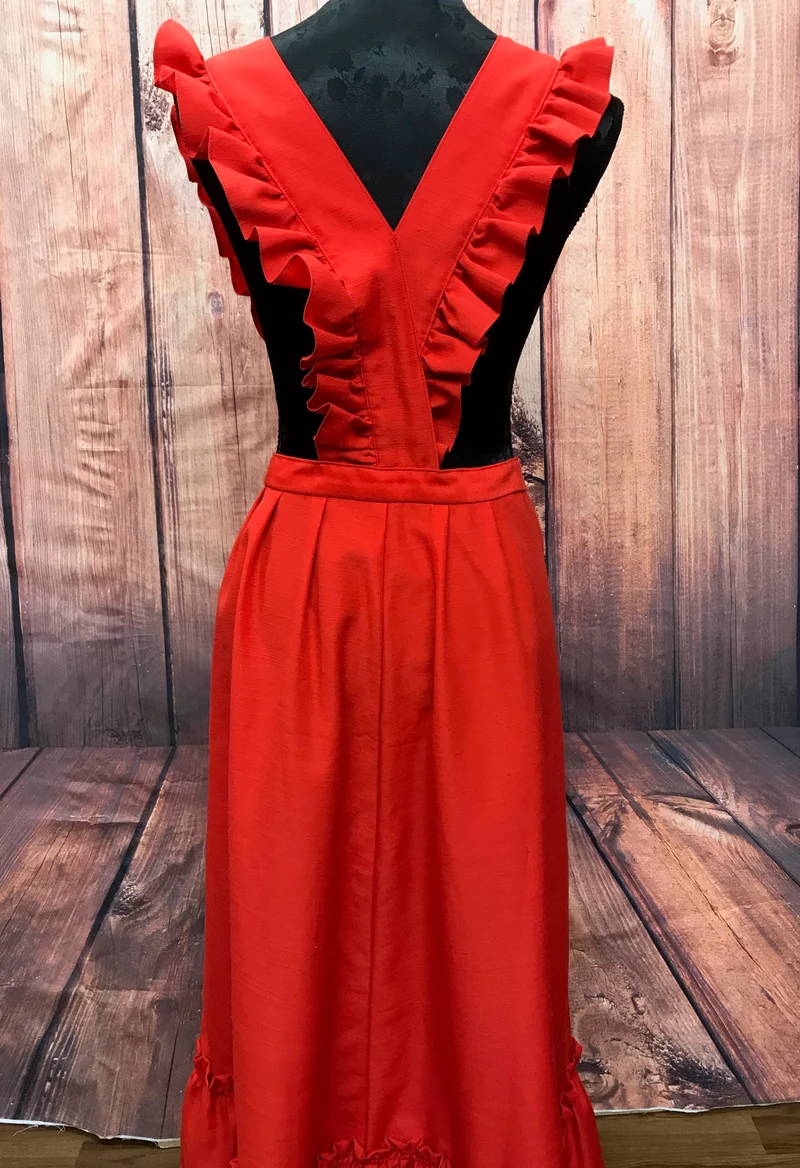 1970er Vintage Kleid rot mit Volants Gr. 44 – romantisches Boho Maxi Kleid