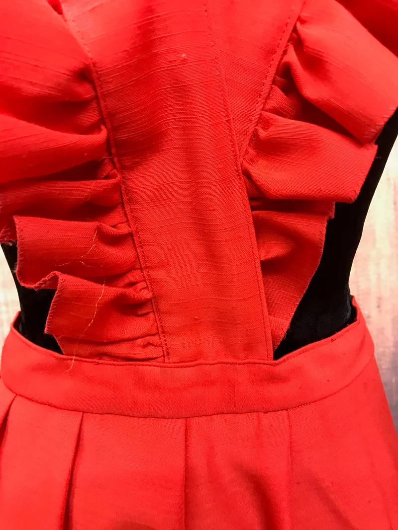 1970er Vintage Kleid rot mit Volants Gr. 44 – romantisches Boho Maxi Kleid