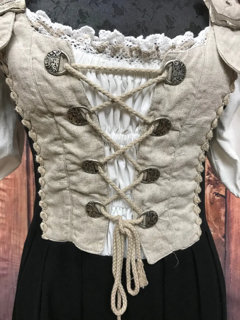 Vintage Landhauskleid lang Natur Schwarz Gr. 36 mit Schnürung