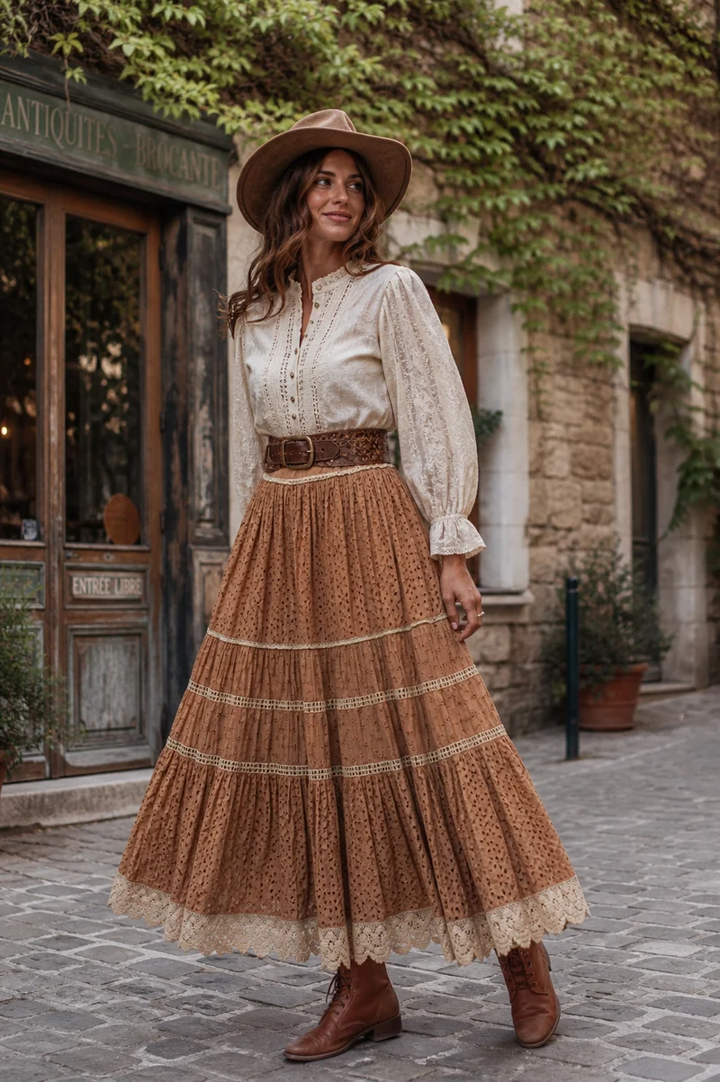 Vintage Stufenrock Baumwolle Größe 40 – Boho Rock mit Spitze & Lochstickerei
