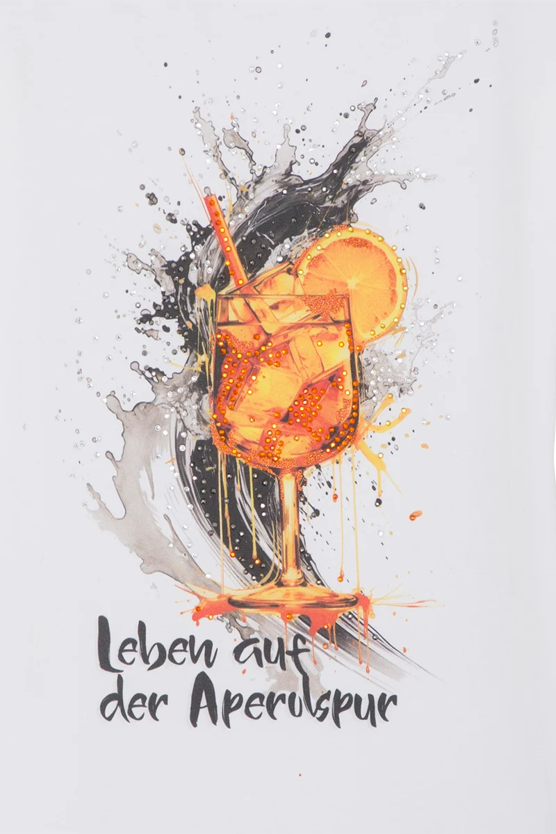 Damen T-Shirt mit Aperolglas und Glitzersteinen - weiß