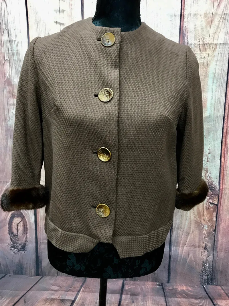 Vintage 60er Kurzjacke Damen Gr. 38 Taupe mit Fellmanschetten