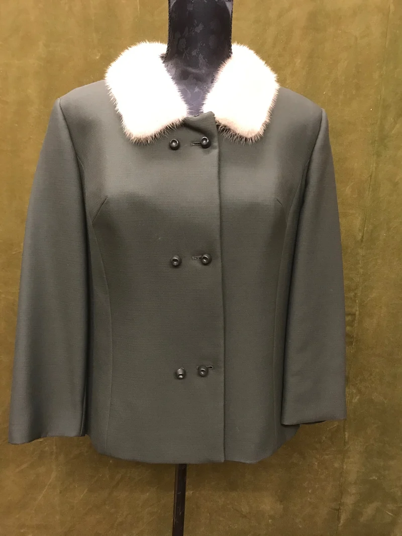 Vintage 50er/60er Wolljacke Damen Gr. 44 mit Fellkragen Grün