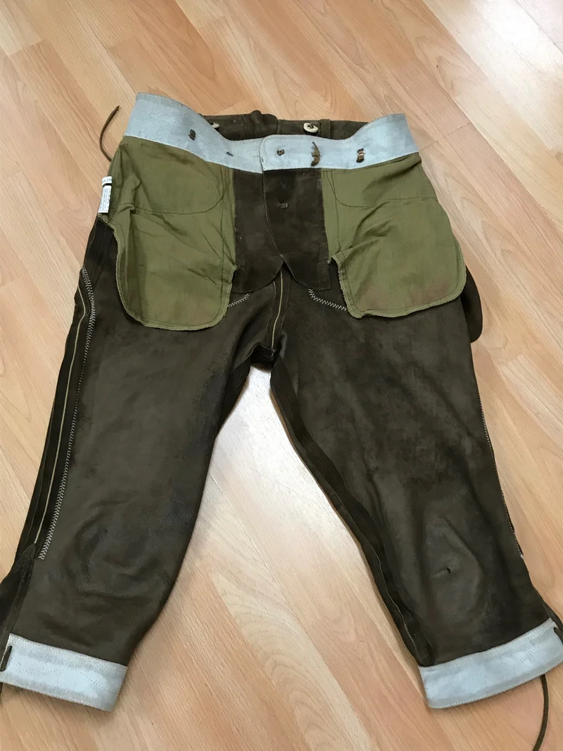 Vintage Trachten Lederhose Kniebund Distler – dunkelbraun, bestickt, Größe 50