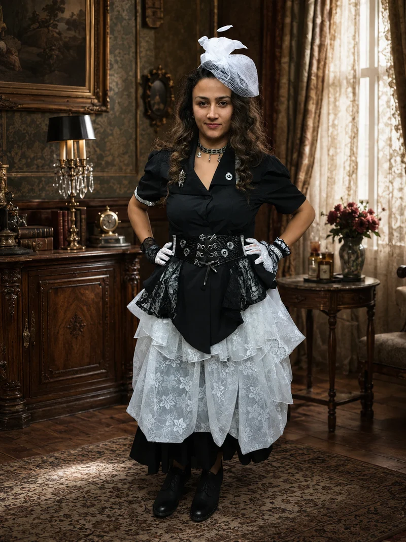 Steampunk Damen Outfit Gr. 42 in Schwarz-Weiß mit Mini-Zylinder