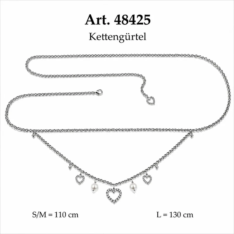 Ketten-Trachtengürtel "Strass-Herz und Perle" | Altsilber