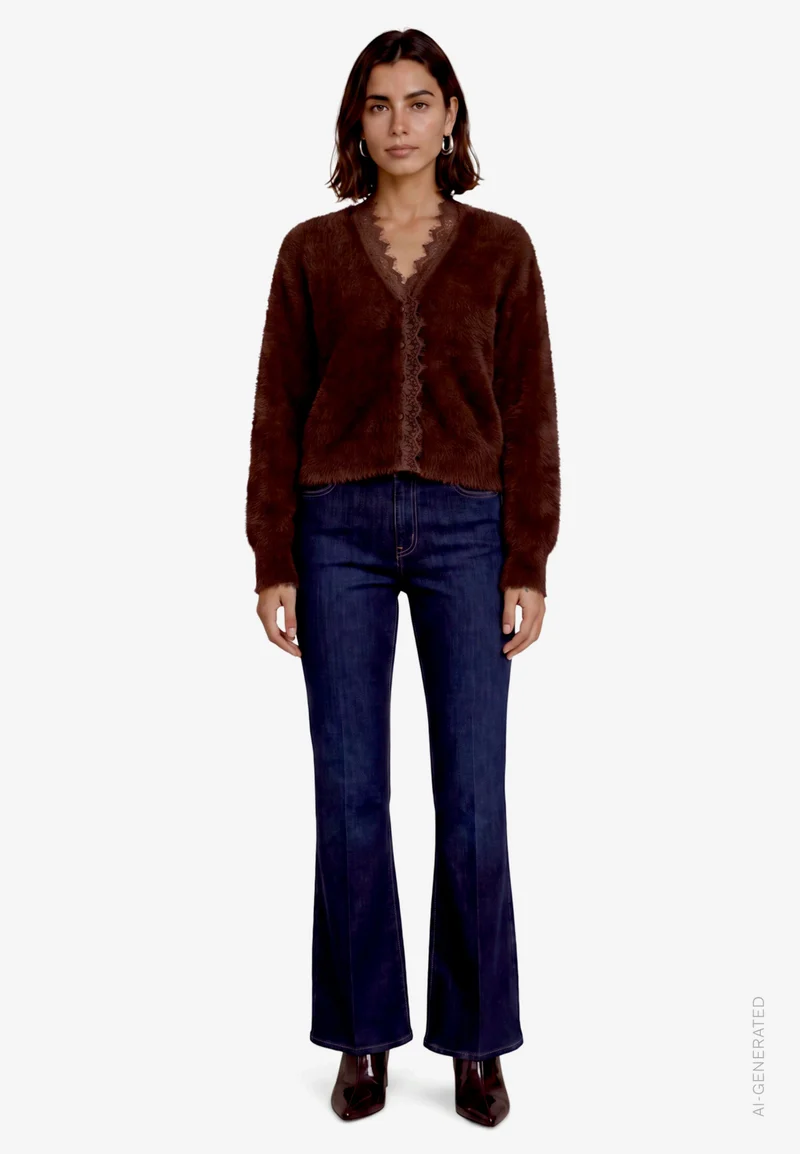Flauschige Strickjacke mit Spitze