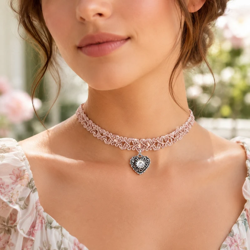 LUISIA® Spitzen Kropfband "Malina" mit Herzanhänger | Rosé