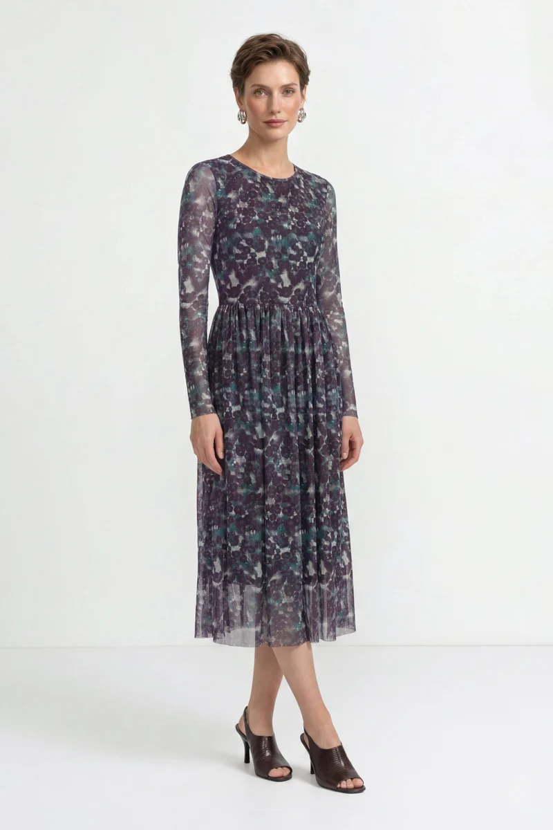 Midikleid mit Multicolor-Blumenprint und Tüllsaum
