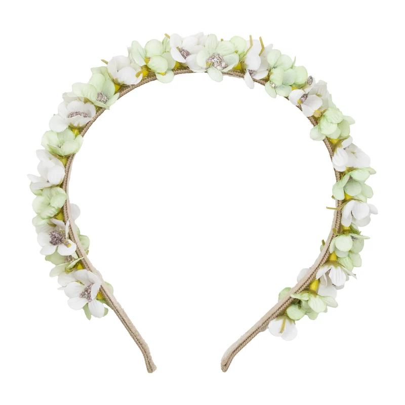 Blumen Haarreif "Elfe" - Schmaler Blütenkranz | Weiß Grün