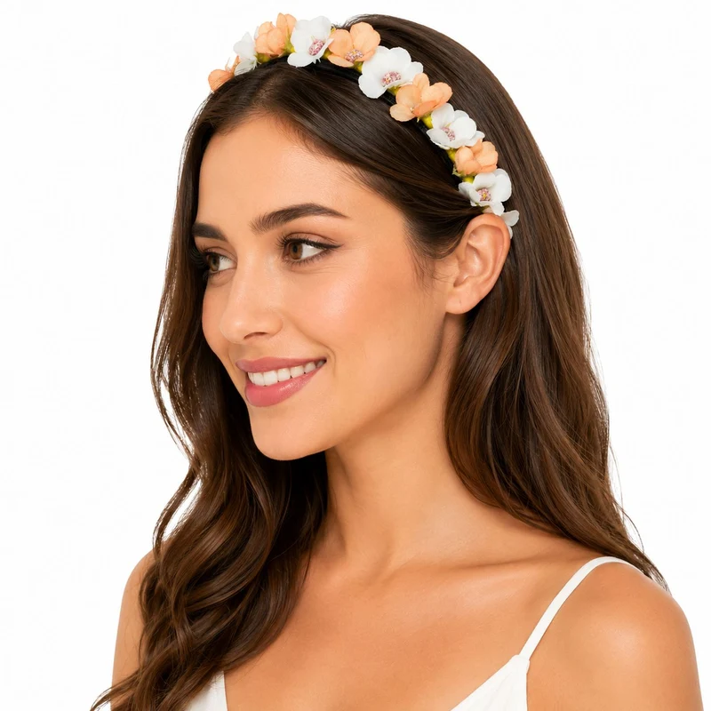 Blumen Haarreif "Elfe" - Schmaler Blütenkranz | Weiß Apricot