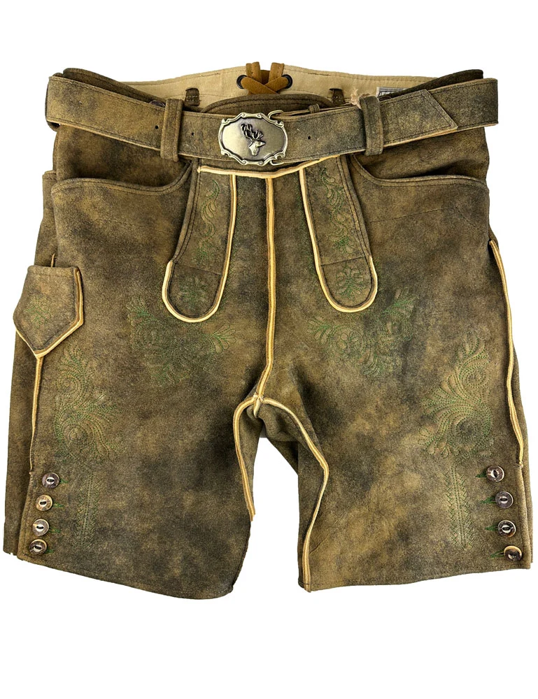 Buchberger Kurze Lederhose "Karl 1" mit Gürtel | Hirschleder Torf Grüner Stick