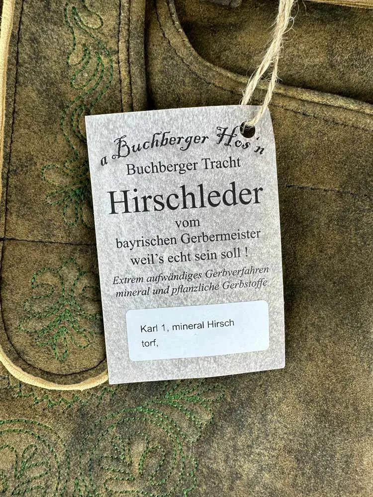 Buchberger Kurze Lederhose "Karl 1" mit Gürtel | Hirschleder Torf Grüner Stick