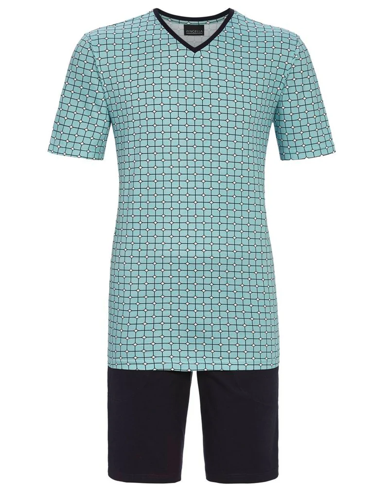 RINGELLA Herren Kurzarm Pyjama "Necktie" mit Bermuda Hose 4241306 | Mykonos Blau