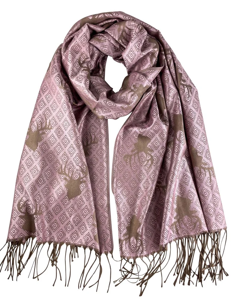 Halstuch Schal mit Hirschkopf Motiv 185 x 70 cm | Rosa / Braun