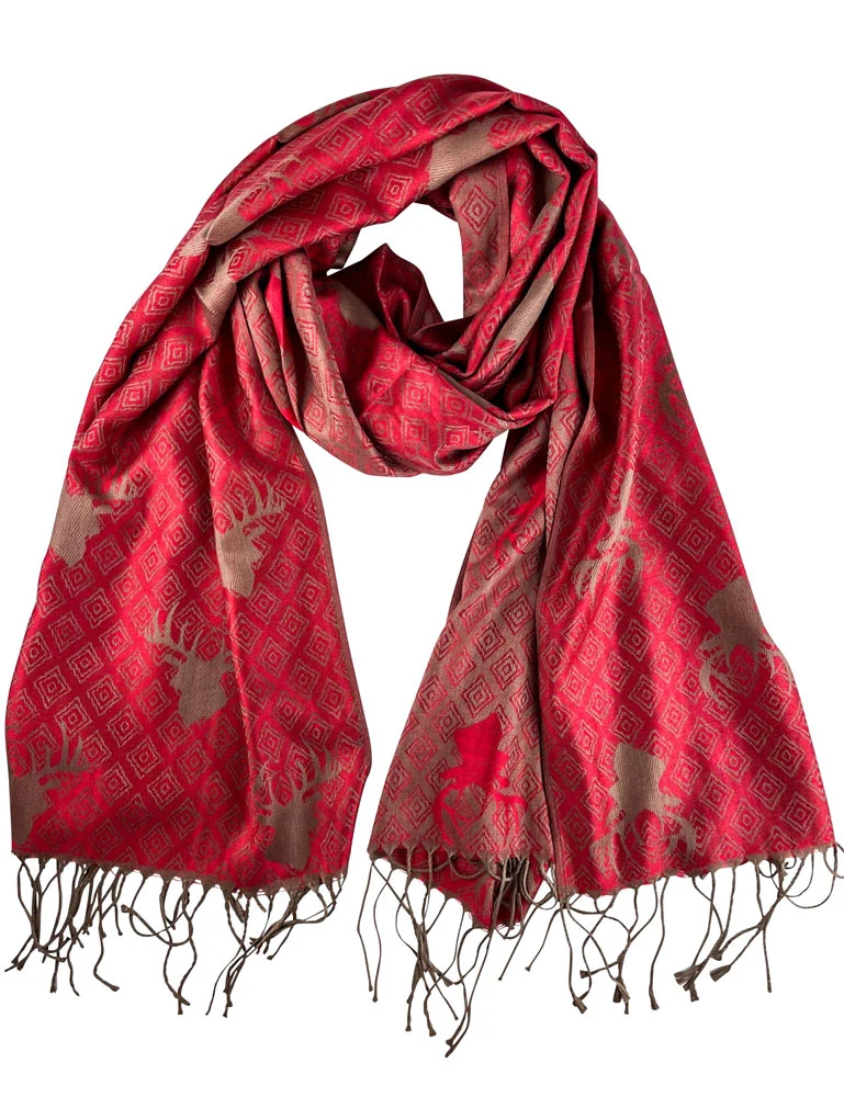 Halstuch Schal mit Hirschkopf Motiv 185 x 70 cm | Rot / Gold