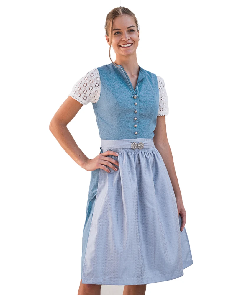 Turi Damen Dirndl "Charlotte" Hochgeschlossen | Salzburger Blau - 65cm