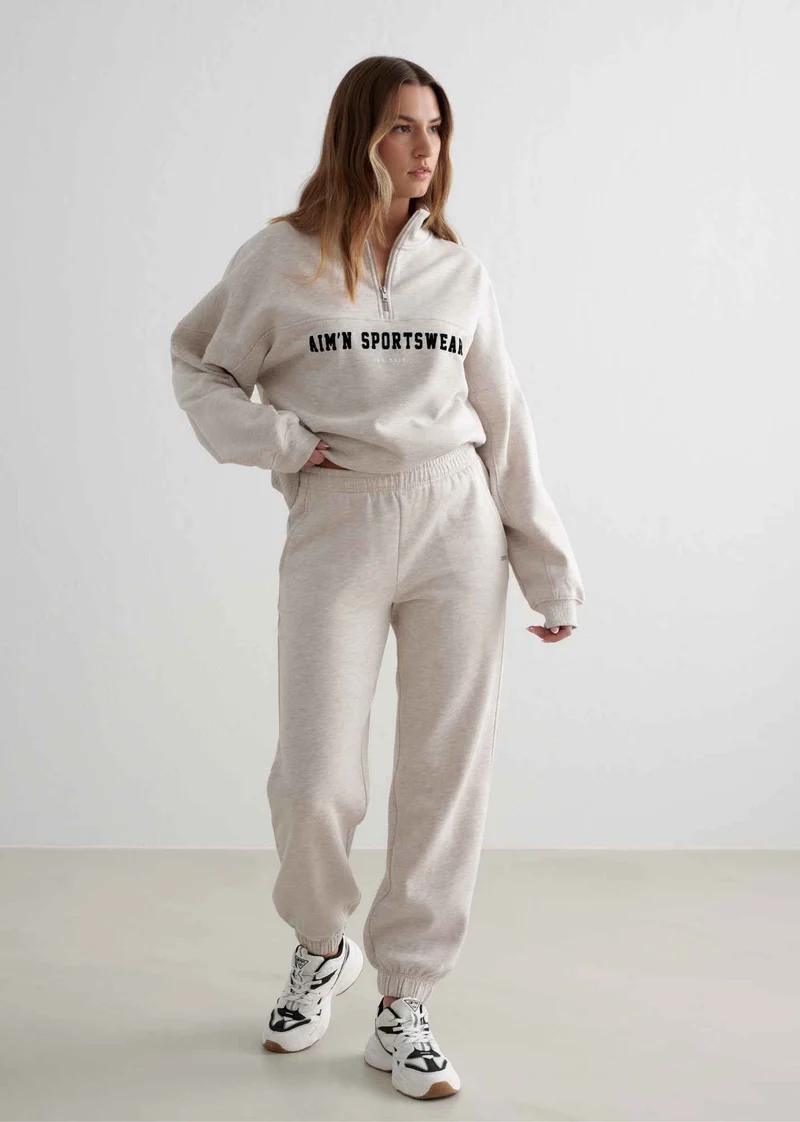 Varsity Sweat Half Zip in Beige Melange