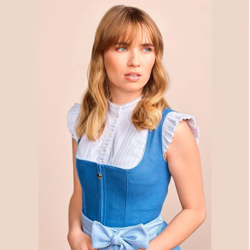 Krüger Dirndl Dorette Hellblau Leinen Mieder 60cm Balkonausschnitt