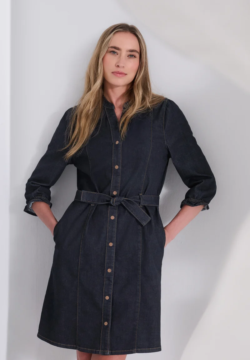Knielanges Denim Kleid mit Gürtel