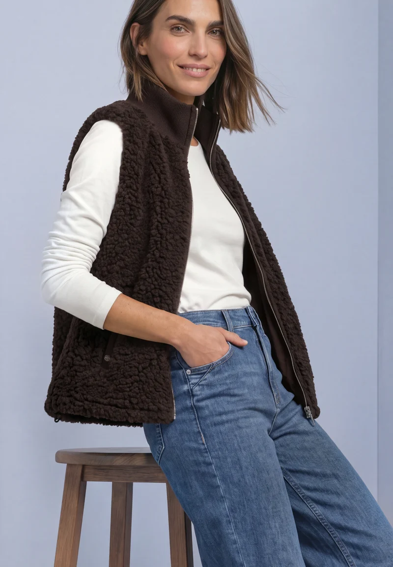 Fake Fur Weste mit Strickdetails