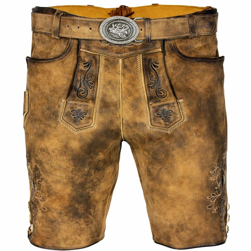 MADDOX Kurze Herren Lederhose "Mandlach" mit Gürtel | Camel Braun