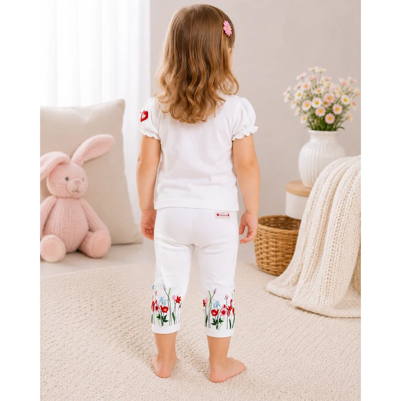 BONDI Capri Leggings "Blumenwiese" Stickerei 86627 | Weiß - Baby Sommerhose