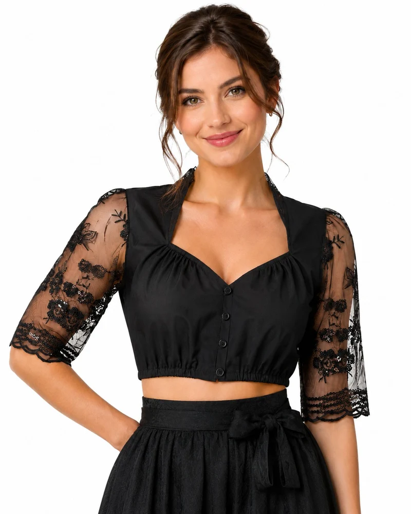 Dirndlbluse für Damen mit Spitze und Pailletten | Schwarz