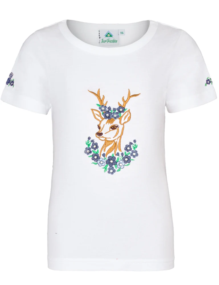 Isar-Trachten Mädchen T-Shirt "Reh" mit Stickerei 52765 | Weiß Blau
