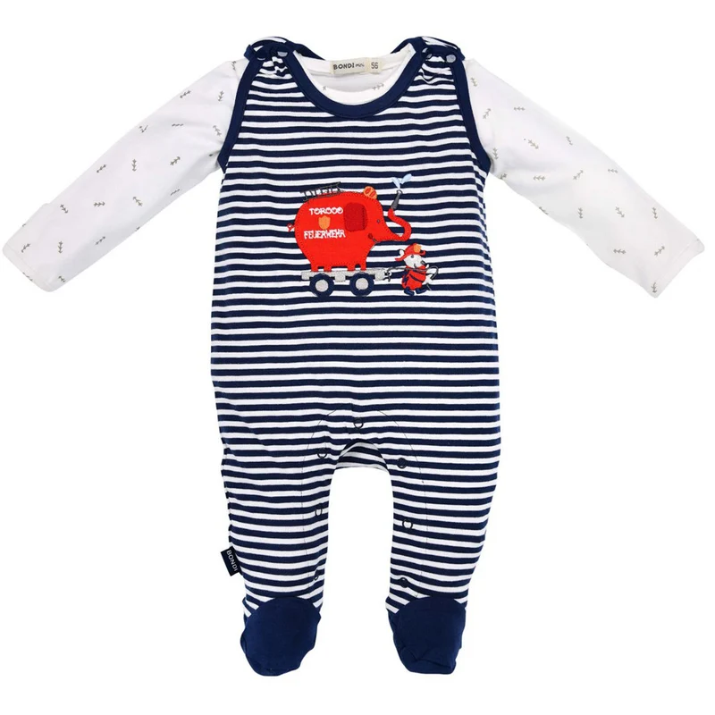 BONDI Baby Strampler "Feuerwehr" 93684 - Navy / Weiß geringelt | Jungen Babystrampelanzug