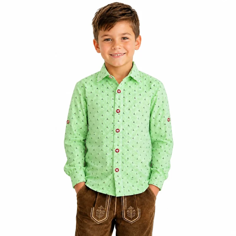 Isar-Trachten Kinder Trachtenhemd "Malte" Hirschdesign 52913 | Grün Kariert