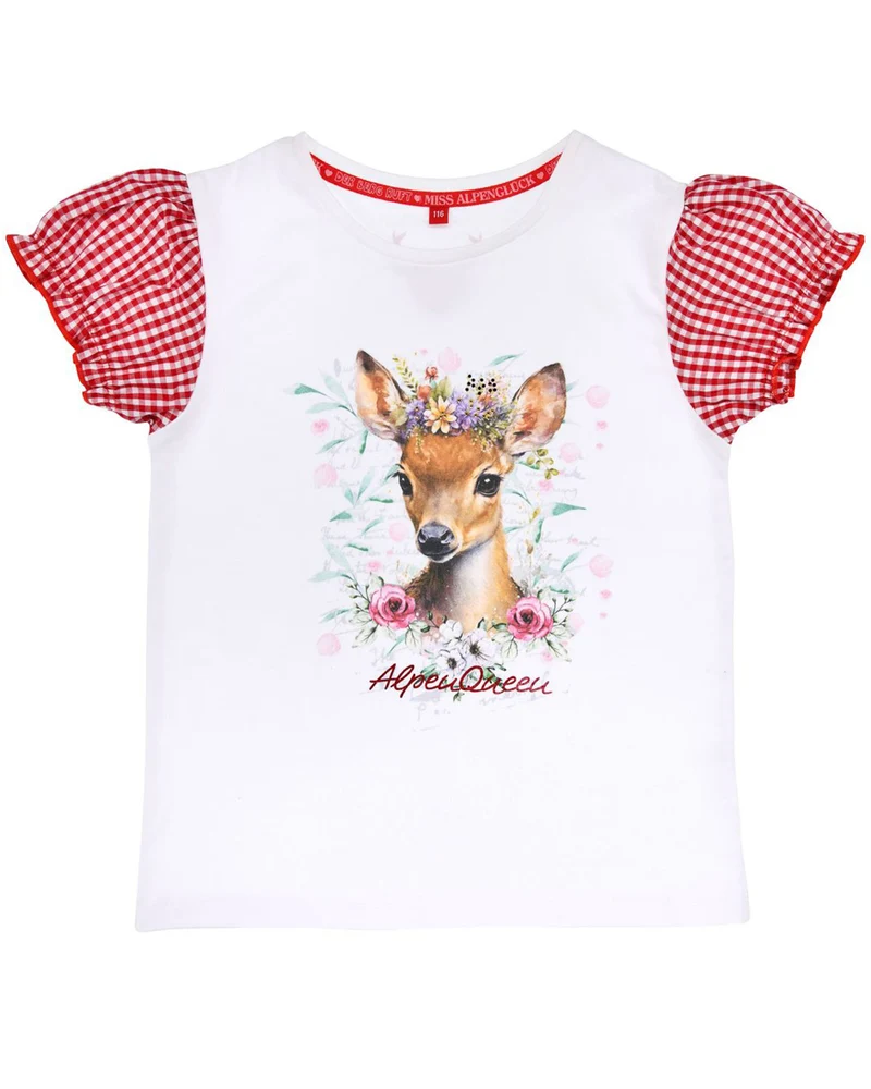 BONDI Mädchen T-Shirt "Alpenqueen" Rehmotiv 26096 | Weiß Rot