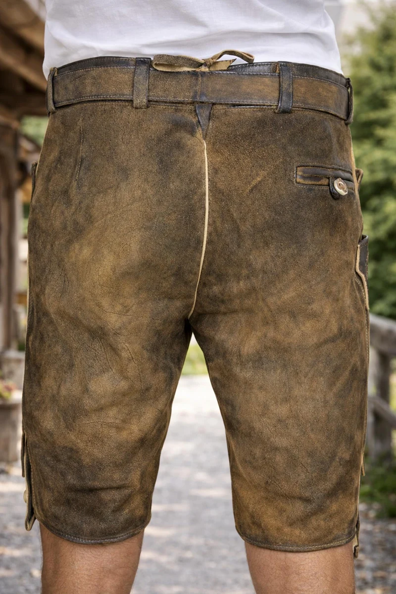 MADDOX Kurze Lederhose "Endorf" mit Gürtel und Hirschstickerei | Antik Ziller