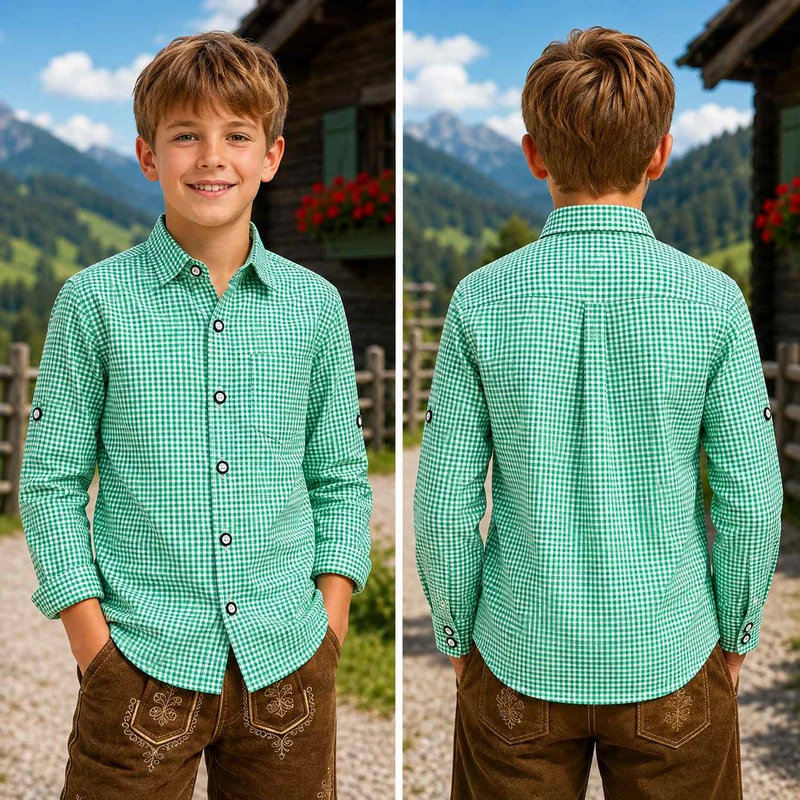 Isar-Trachten Kinder Trachtenhemd "Dominik" 48300 | Grün Kariert