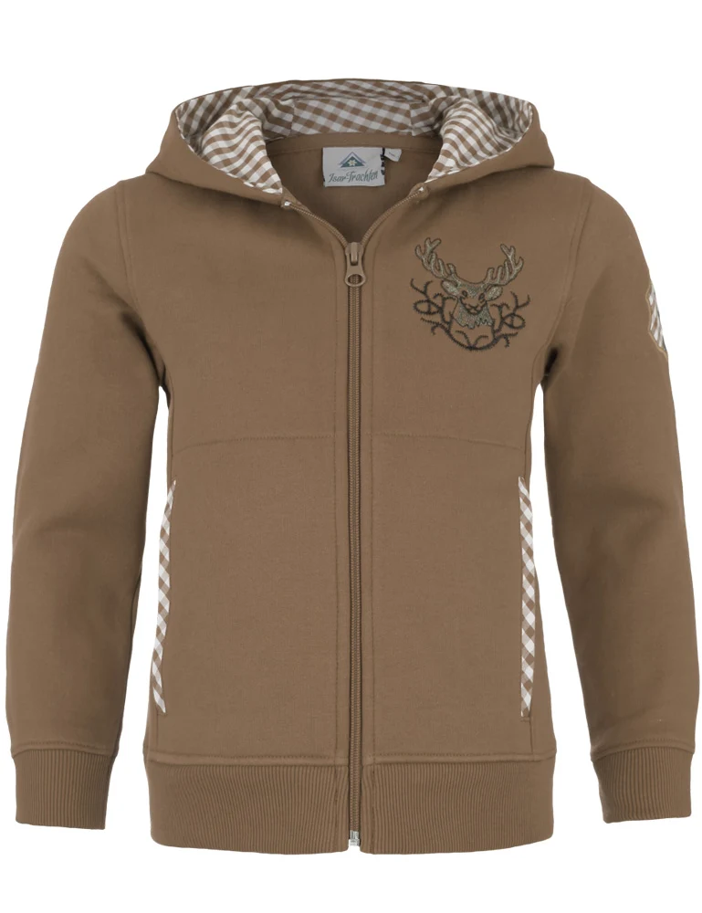 Isar-Trachten Kapuzenjacke für Kinder 57301 | Sweatjacke Berber Braun