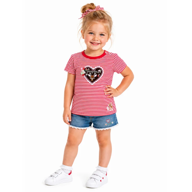 BONDI Mädchen T-Shirt "Herzilein" 86981 | Rot Weiß Geringelt