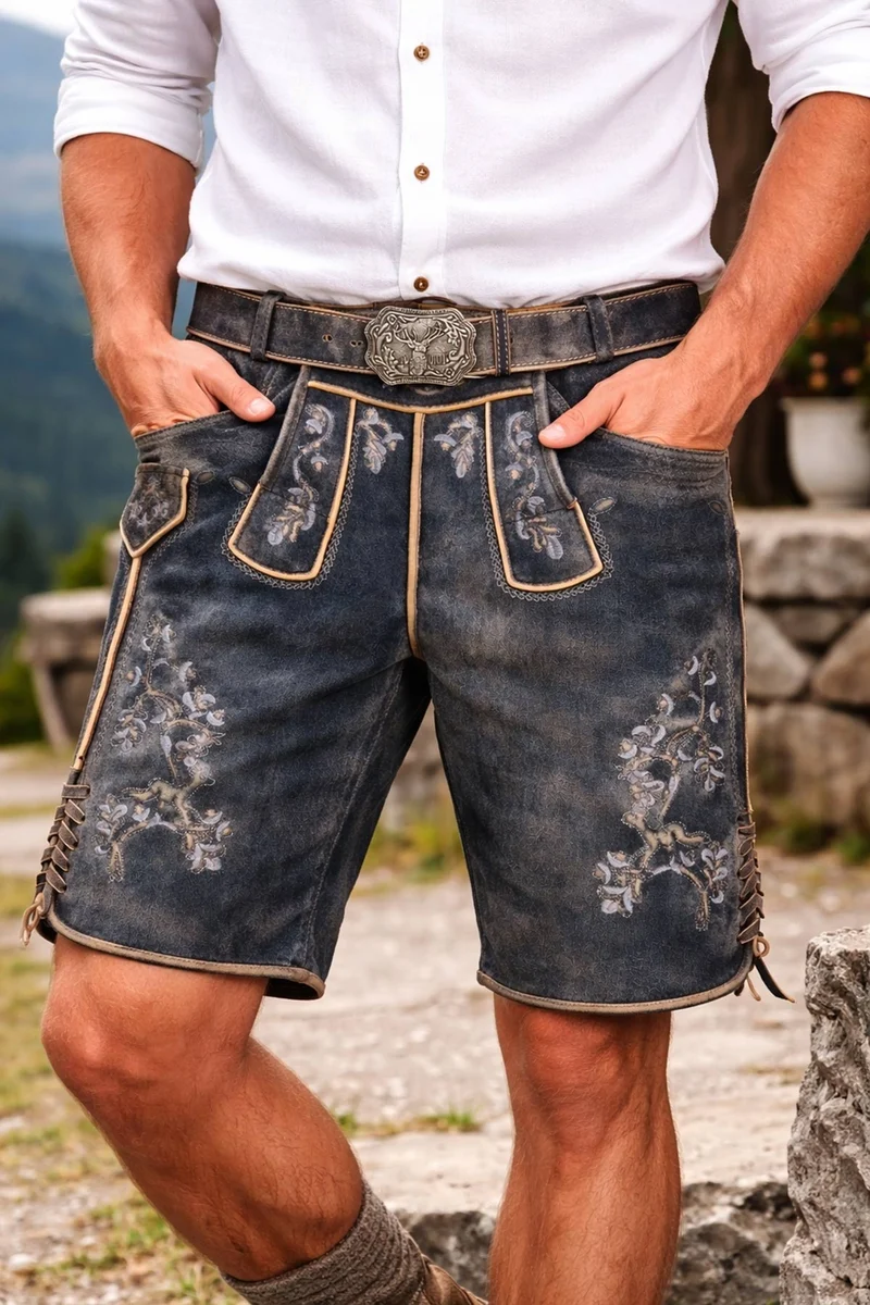 MADDOX Kurze Lederhose "Wetzikorn" mit Stickerei | Graphit