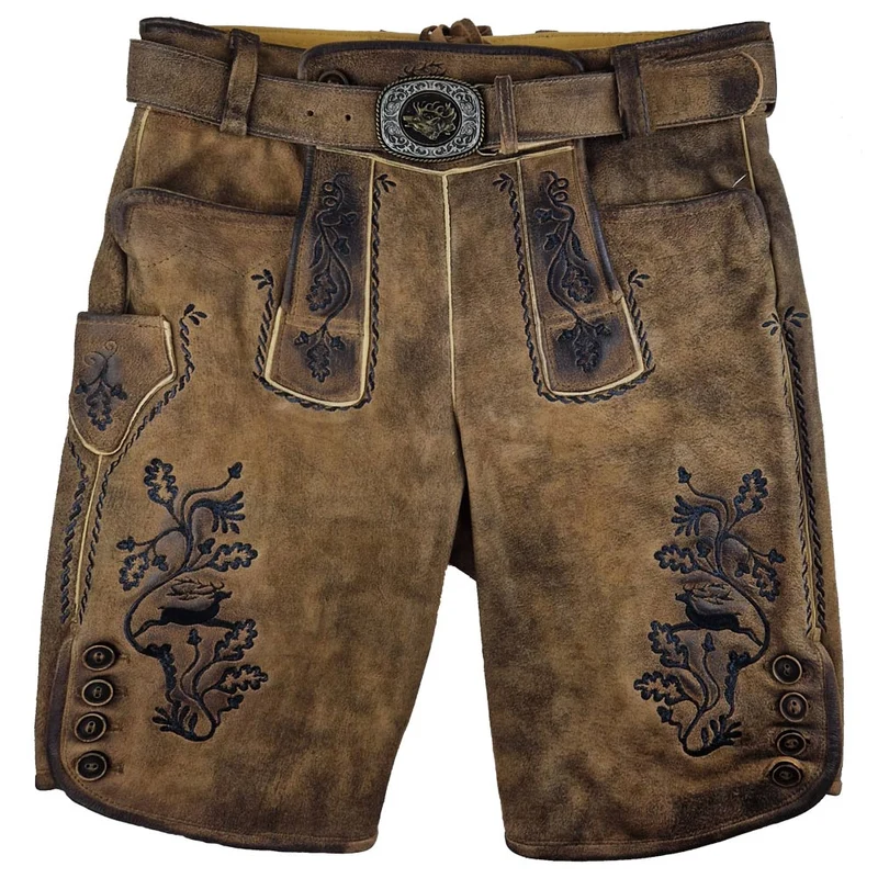 MADDOX Kurze Lederhose "Rothsee" mit Gürtel | Antik Eiche - Schwarze Stickerei
