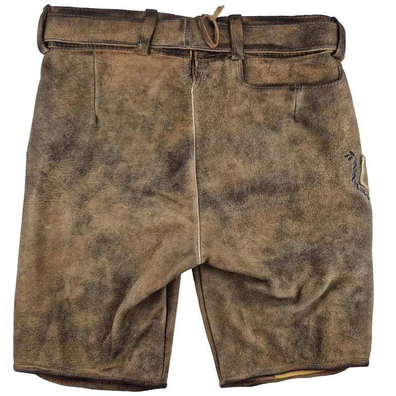MADDOX Kurze Lederhose "Rothsee" mit Gürtel | Antik Eiche - Schwarze Stickerei