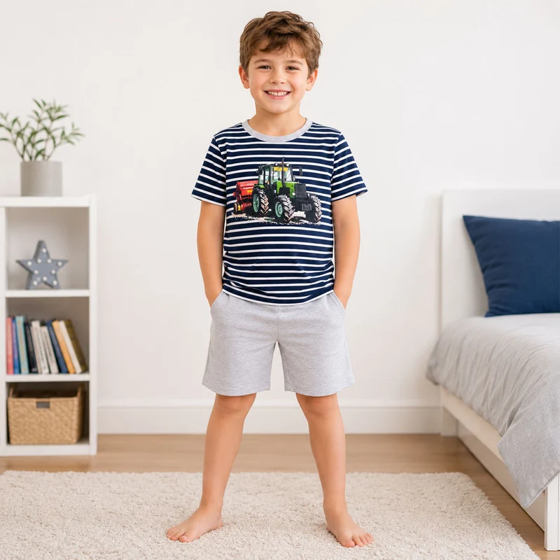 BONDI Jungen Shorty Pyjama "Traktor" 33157 | Stripe Navy / White
