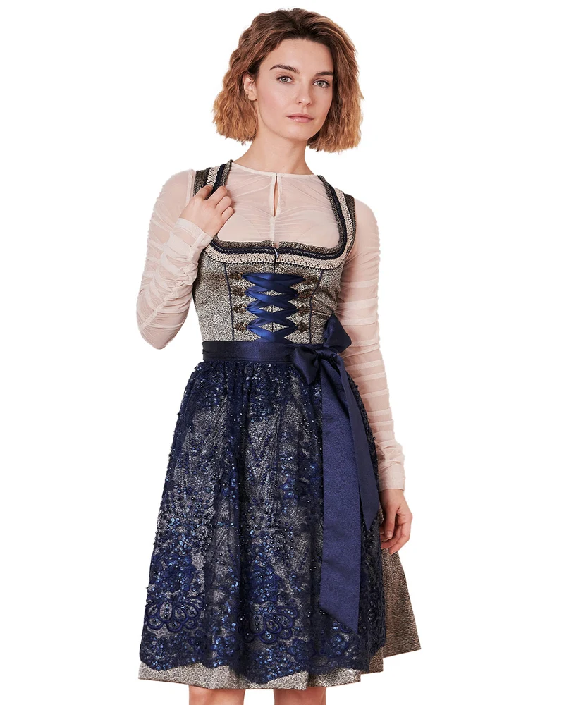 Krüger MADL Dirndl "Isi" mit Spitzenschürze 415367 | Blau 60cm
